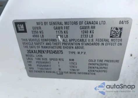 2015 GMC Terrain Sle-2 from USA, damaged, VIN 2GKALREK1F6345875